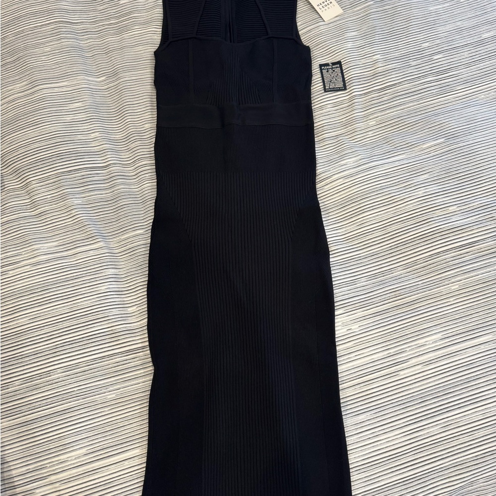 Herve Leger Sleek Black Ribbed Sleeveless Midi Dress